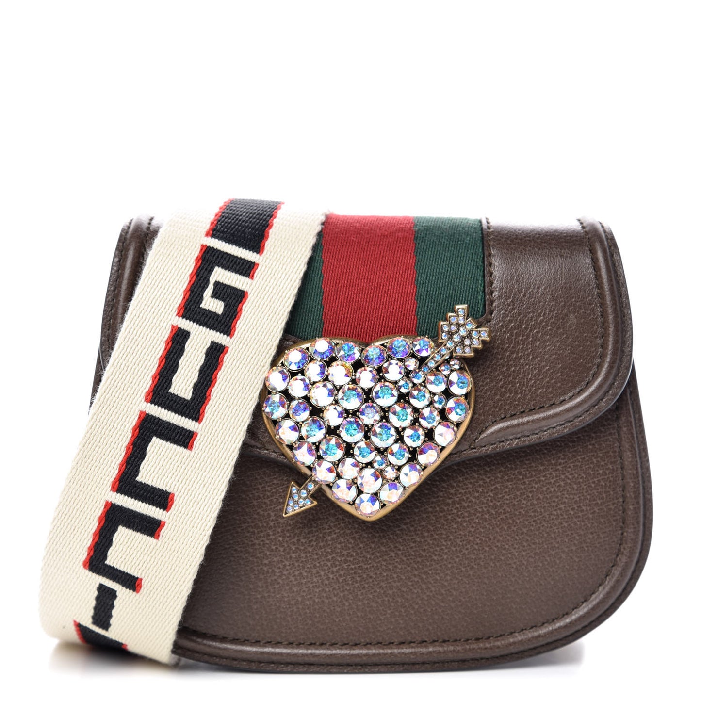 Textured Calfskin Web Crystal Heart Stripe Small Totem Shoulder Bag New Acero