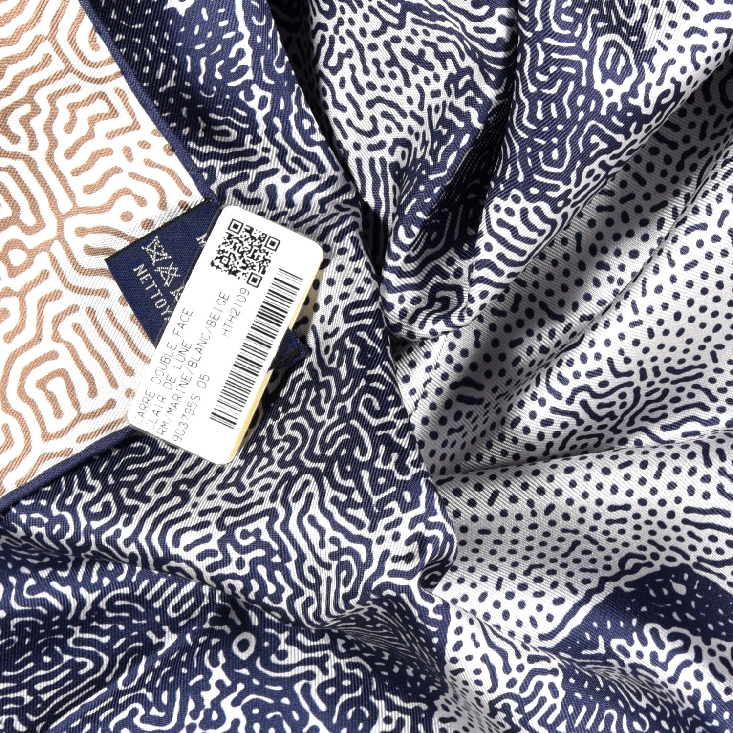 Hermes Silk Clair De Lune Double Face Scarf 90 Marine White Beige