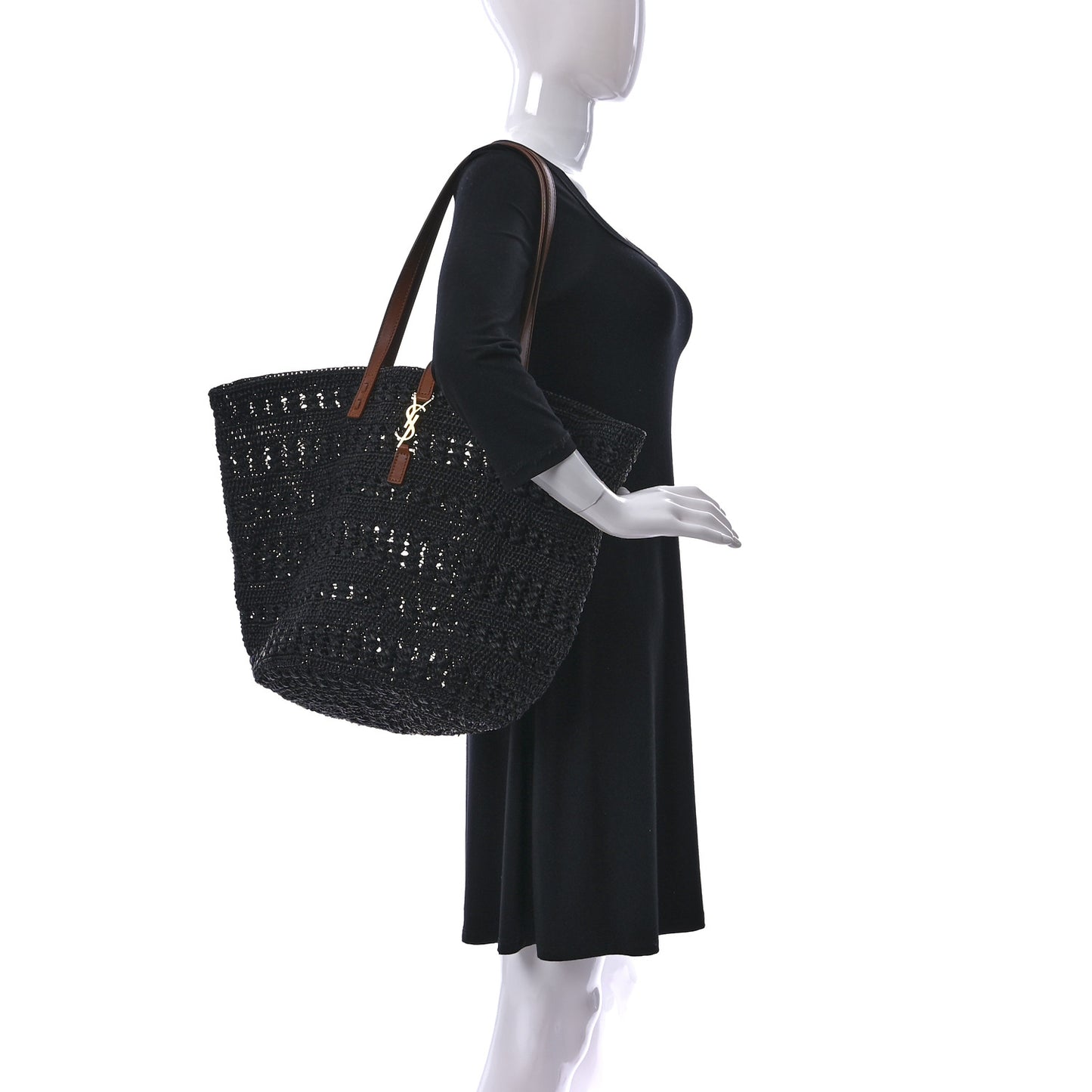 Raffia Calfskin Medium Panier Tote Black