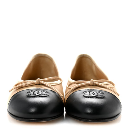 Chanel Lambskin Cap Toe CC Ballerina Flats 38 Beige Black 3 of 11