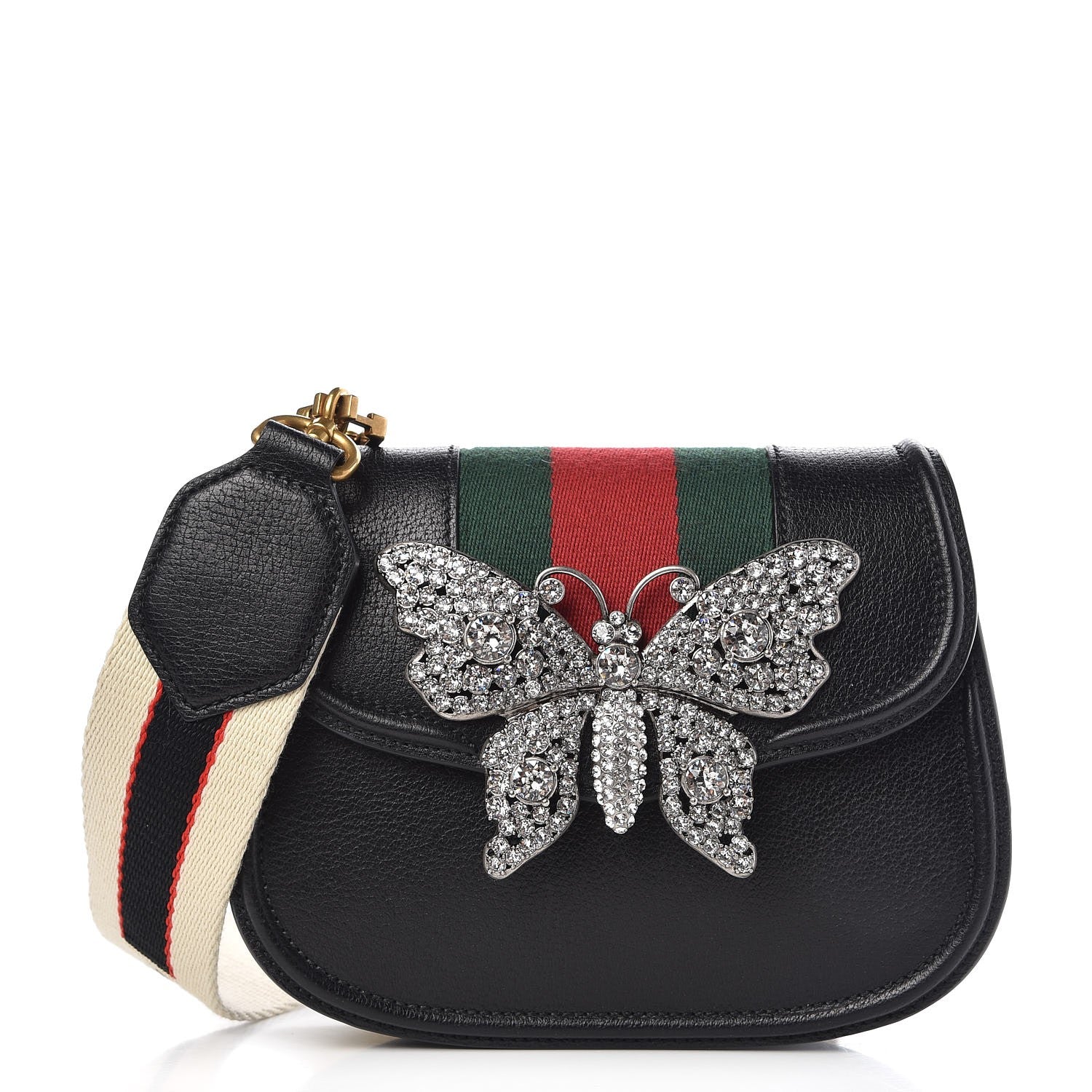 Gucci Calfskin Web Crystal Butterfly Stripe Small Totem Shoulder Bag Black 1 of 7