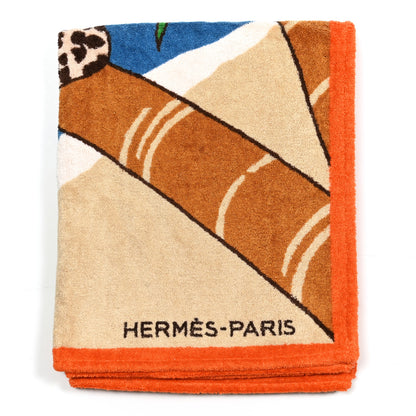 Hermes Cotton Terry Jin et Leo Beach Towel Orange Sable Bleu 2 of 8