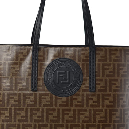 Fendi Glazed Fabric Vitello Century FF 1974 Stamp Patch Shopping Tote Mogano Panna Black 7 of 9