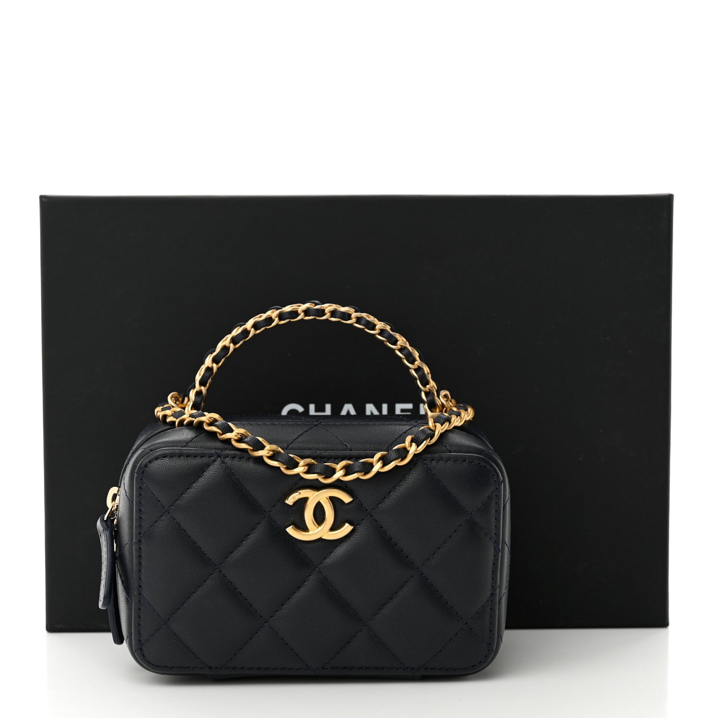 Lambskin Quilted Chain Top Handle Vanity Case Blue