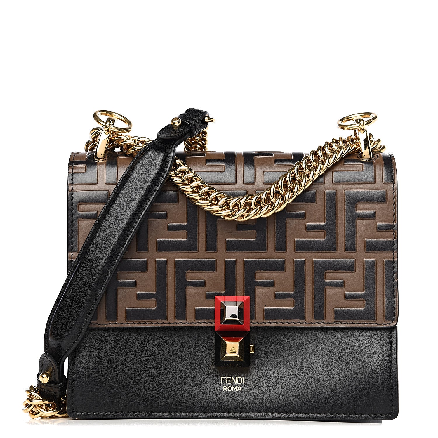 Fendi Vitello Liberty Bi-Color FF 1974 Embossed Small Kan I Shoulder Bag Black Maya 1 of 12