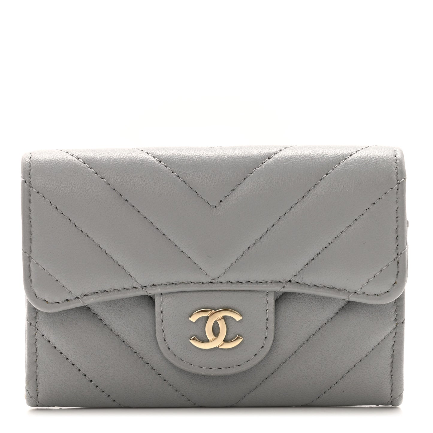 Lambskin Chevron Quilted Flap Card Holder Grey