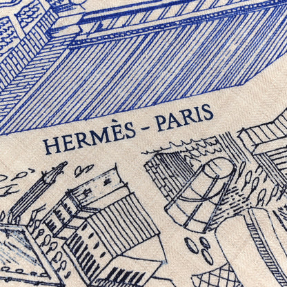 Hermes Cashmere Silk La Cite Cavaliere Shawl 140 Naturel Blue Royal Petrole 2 of 3