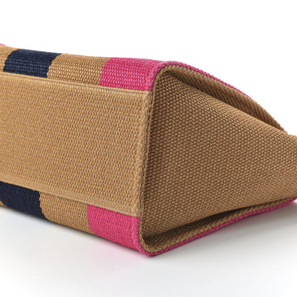 Chanel Straw Raffia Calfskin Striped Medium Deauville Tote Dark Beige Fuchsia Navy Blue 7 of 10