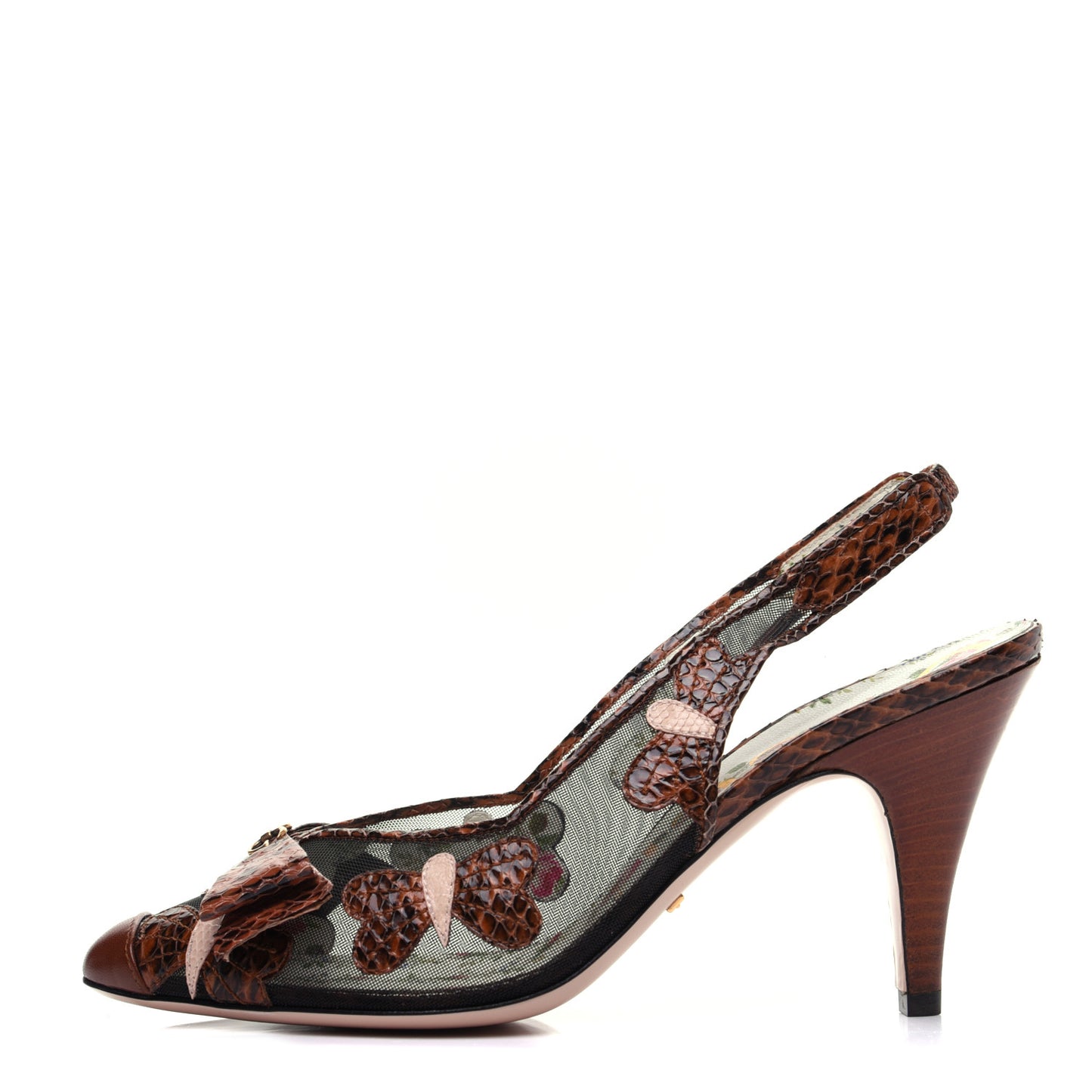 Malaga Kid Elaphe Lizard Butterflies Mid-Heel Slingback Pumps 37.5 Bright Cuir Black Soft Pink