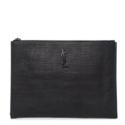 Saint Laurent Calfskin Crocodile Embossed Monogram iPad Case Black 1 of 8
