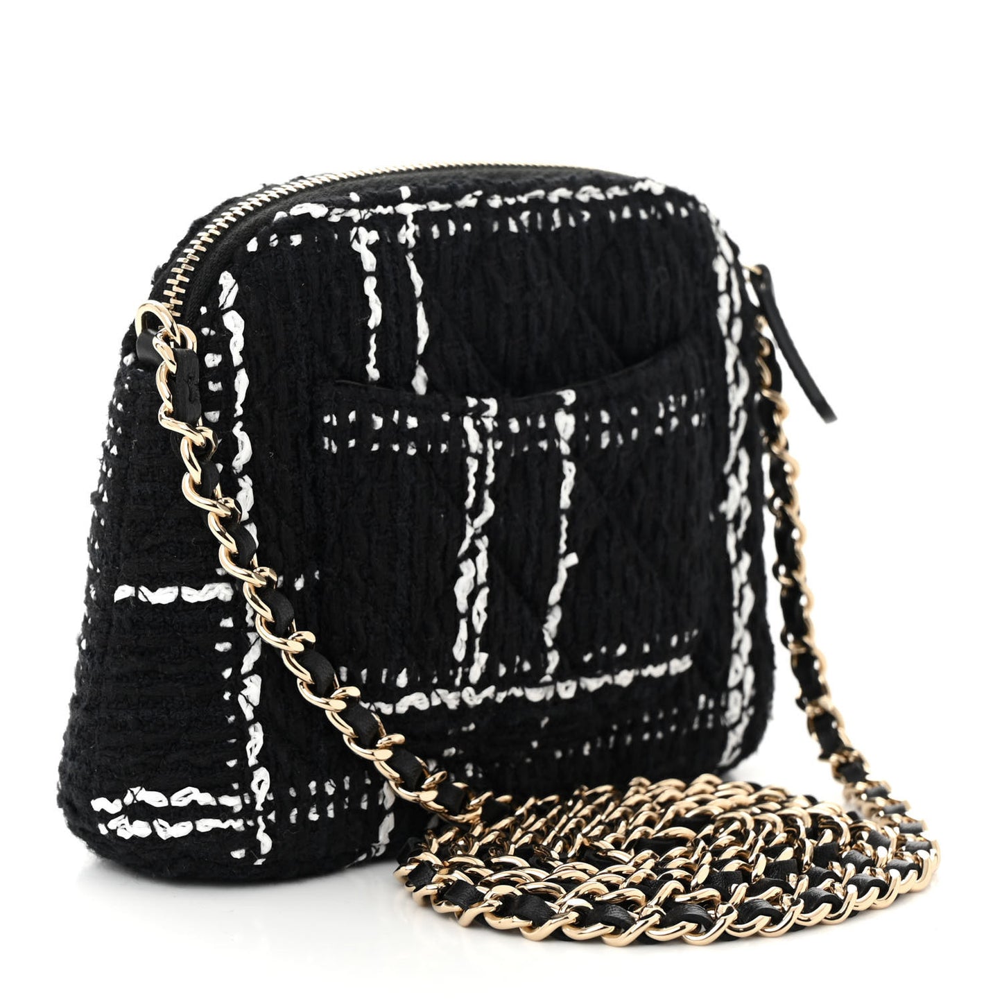 Tweed Quilted Mini Clutch With Chain Black White