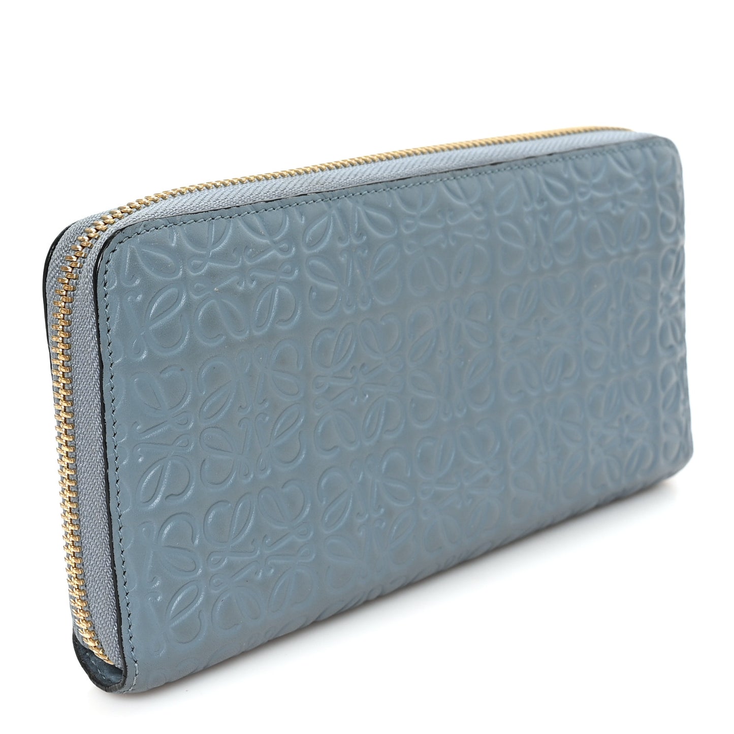 Calfskin Embossed Repeat Medium Zip Wallet Stone Blue