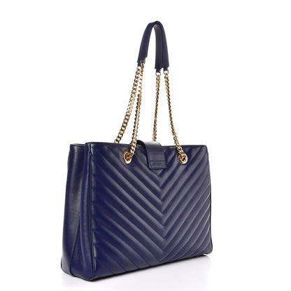 Saint Laurent Grain De Poudre Matelasse Chevron Monogram Shopping Bag Deep Marine 4 of 14