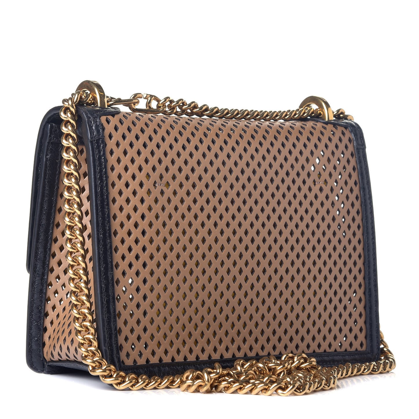 Vitello Liberty Glossy Lambskin Perforated Small Kan U Shoulder Bag Sand Mimosa Black