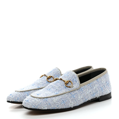 Gucci Wool Tweed Horsebit Womens Jordaan Loafers 38 Light Blue White Mystic White 3 of 9