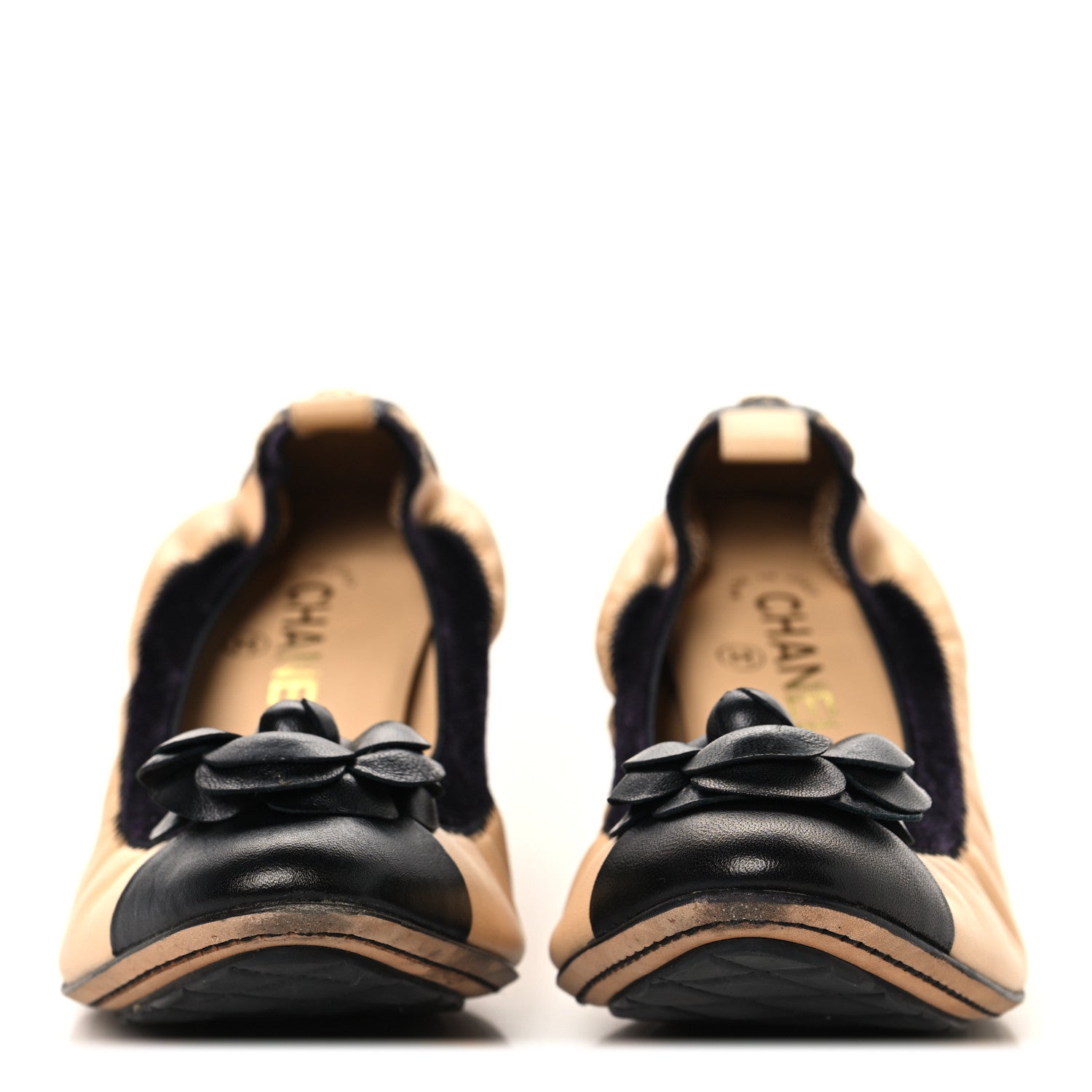 Chanel Lambskin Camellia CC Elastic Stretch Pumps 40 Beige Black 3 of 9