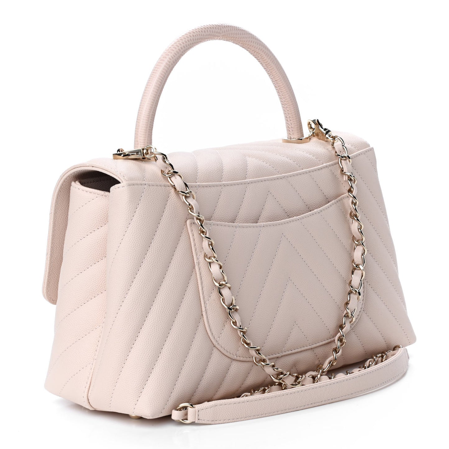 Caviar Lizard Embossed Chevron Quilted Small Coco Handle Flap Beige