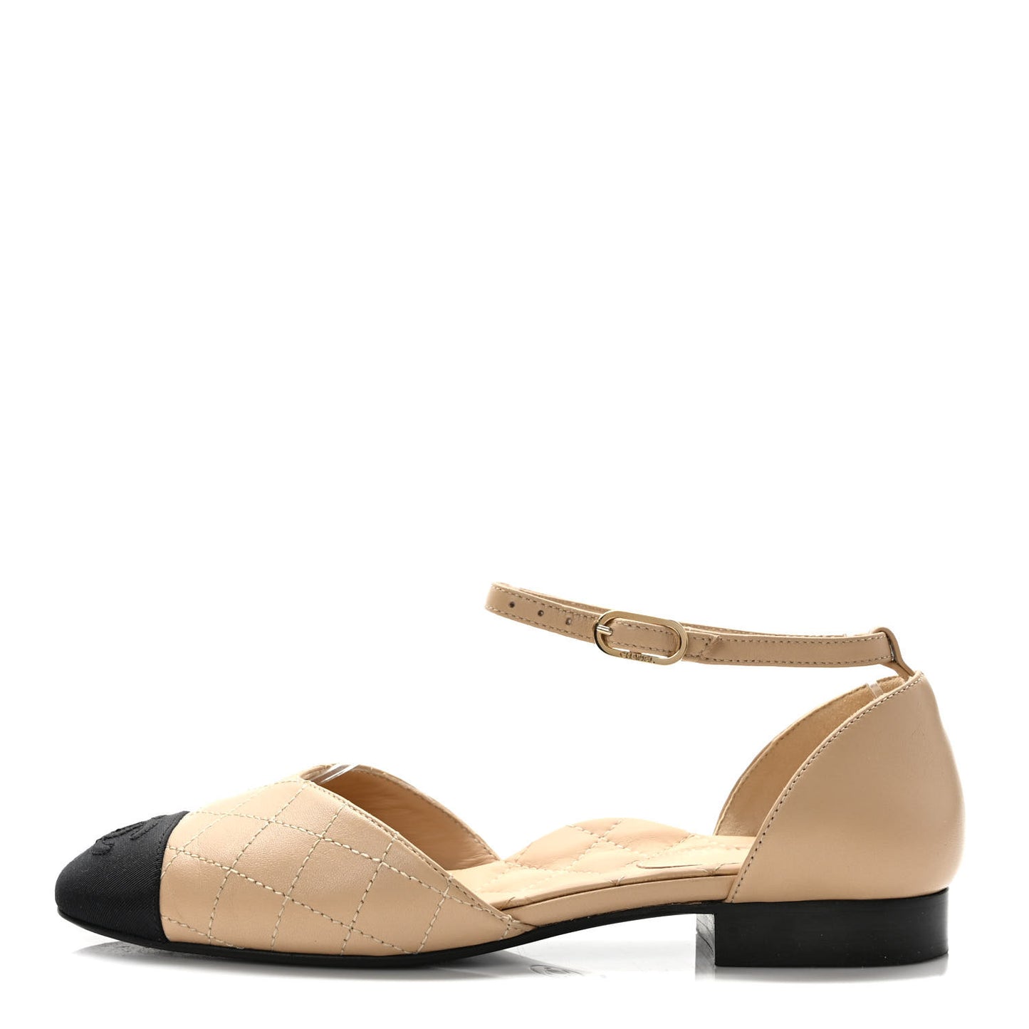 Lambskin Grosgrain Cap Toe CC Ankle Strap Sandals 36 Beige Black