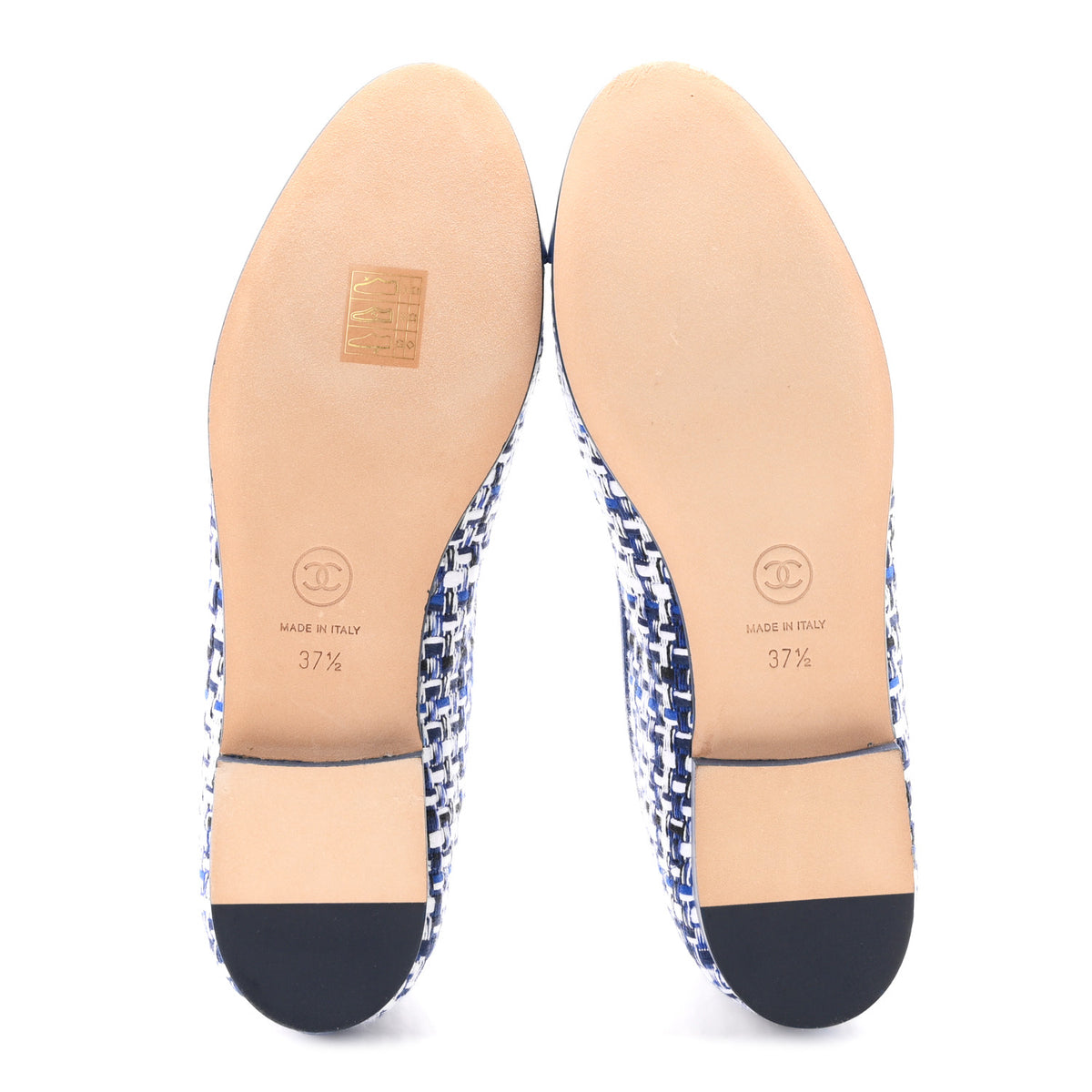 Tweed Lambskin CC Cap Toe Ballerina Flats 37.5 White Blue