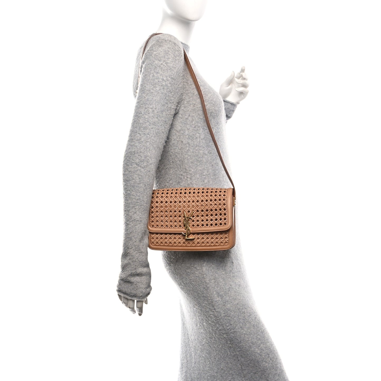 Calfskin Woven Wood Medium Monogram Solferino Satchel Vintage Brown