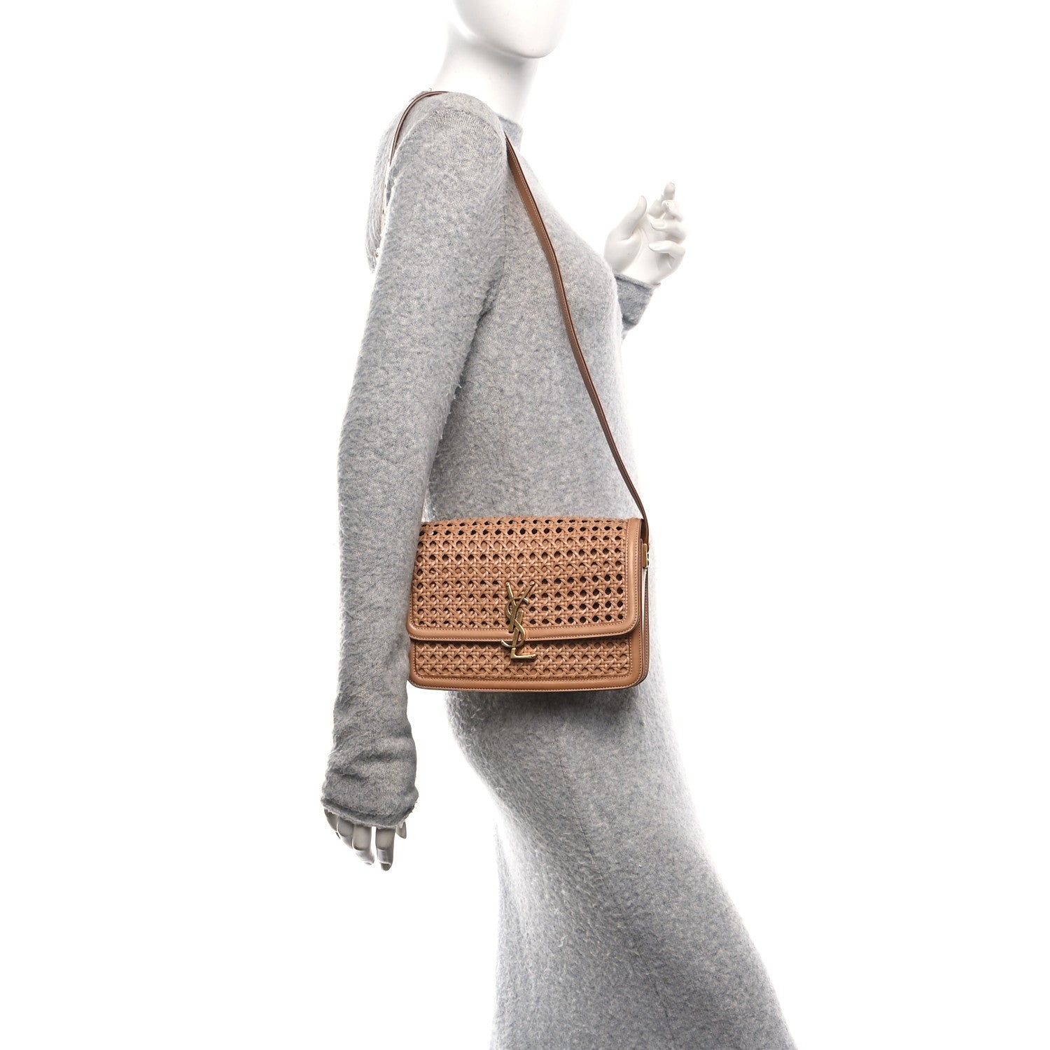 Saint Laurent Calfskin Woven Wood Medium Monogram Solferino Satchel Vintage Brown 2 of 10