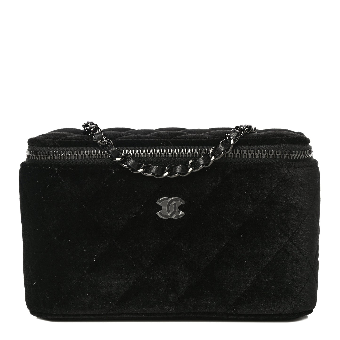 Velvet Quilted Small Vanity Case With Chain Black