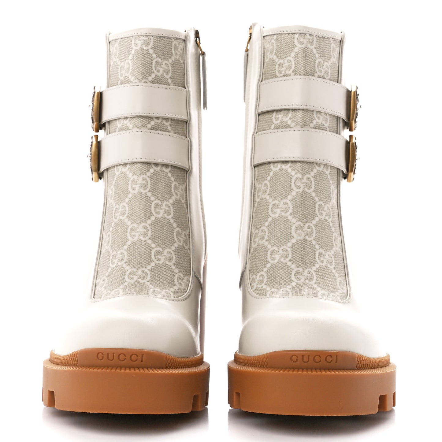 Kensington Calfskin Nappa GG Supreme Monogram Womens Double Buckle Ankle Boots 38.5 Mystic White Beige