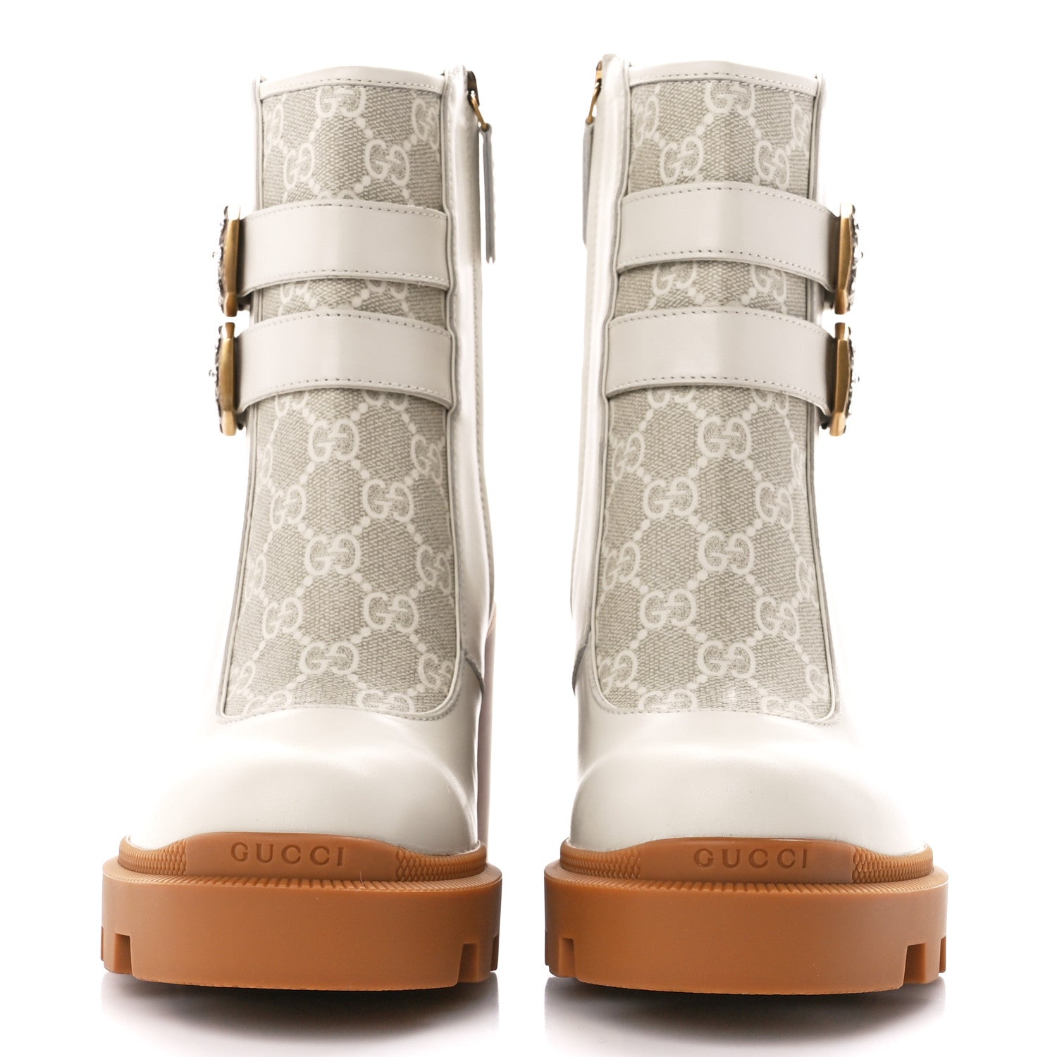 Gucci Kensington Calfskin Nappa GG Supreme Monogram Womens Double Buckle Ankle Boots 38.5 Mystic White Beige 2 of 9