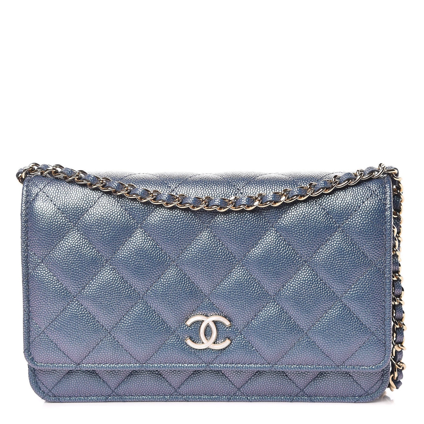 Iridescent Caviar Quilted Wallet On Chain WOC Dark Blue
