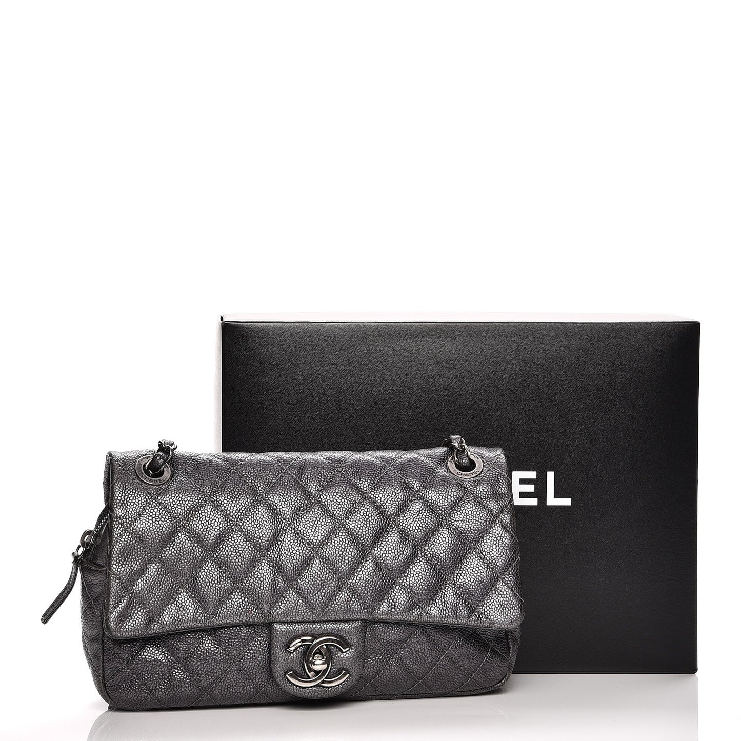 Iridescent Caviar Quilted Small Chic Flap Argent