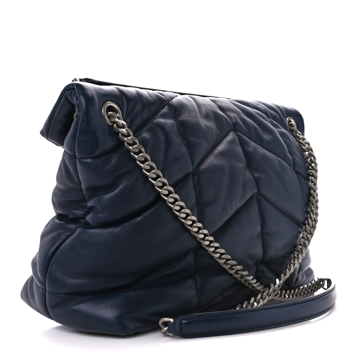 Saint Laurent Lambskin Quilted Medium Loulou Puffer Monogram Chain Satchel Navy 3 of 11
