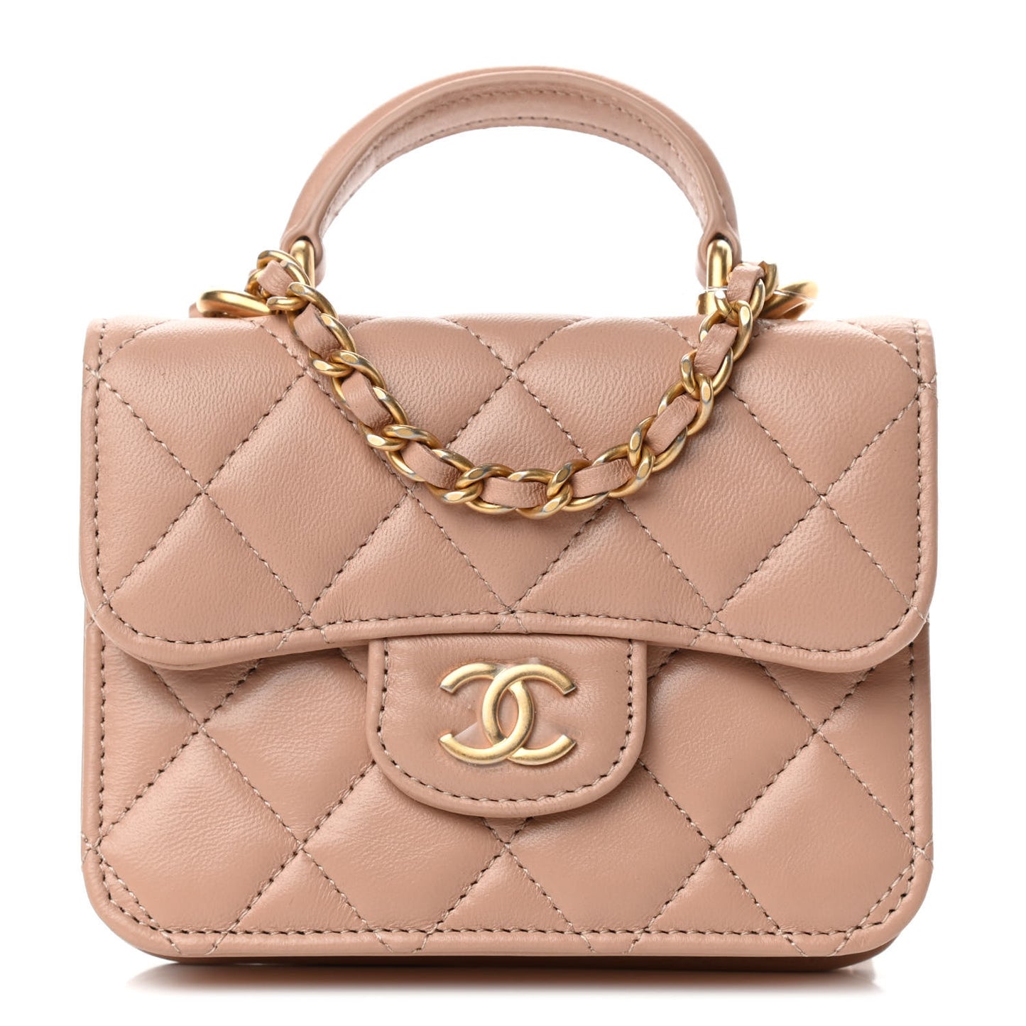 Lambskin Quilted Top Handle Flap Coin Purse With Chain Beige
