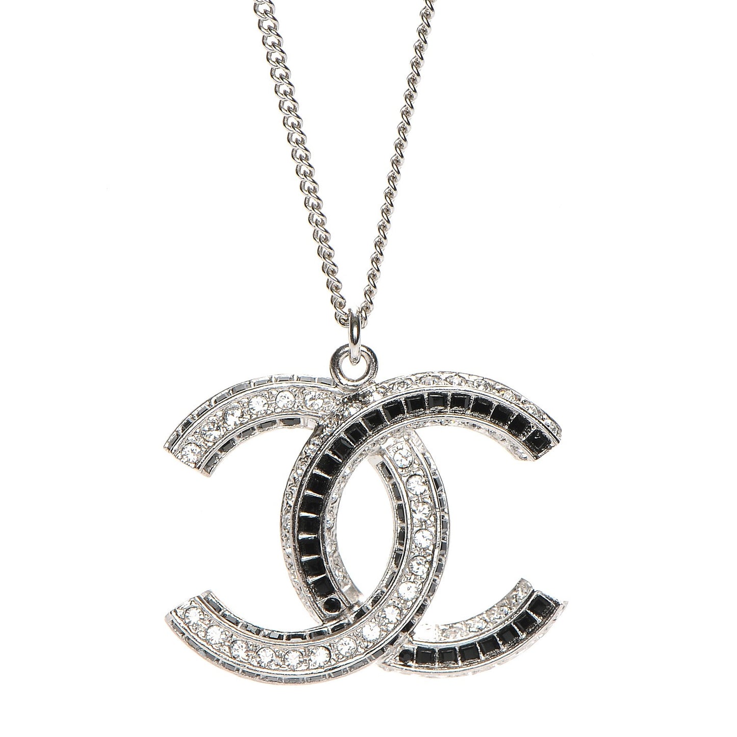 Baguette Crystal Large CC Necklace Silver Black