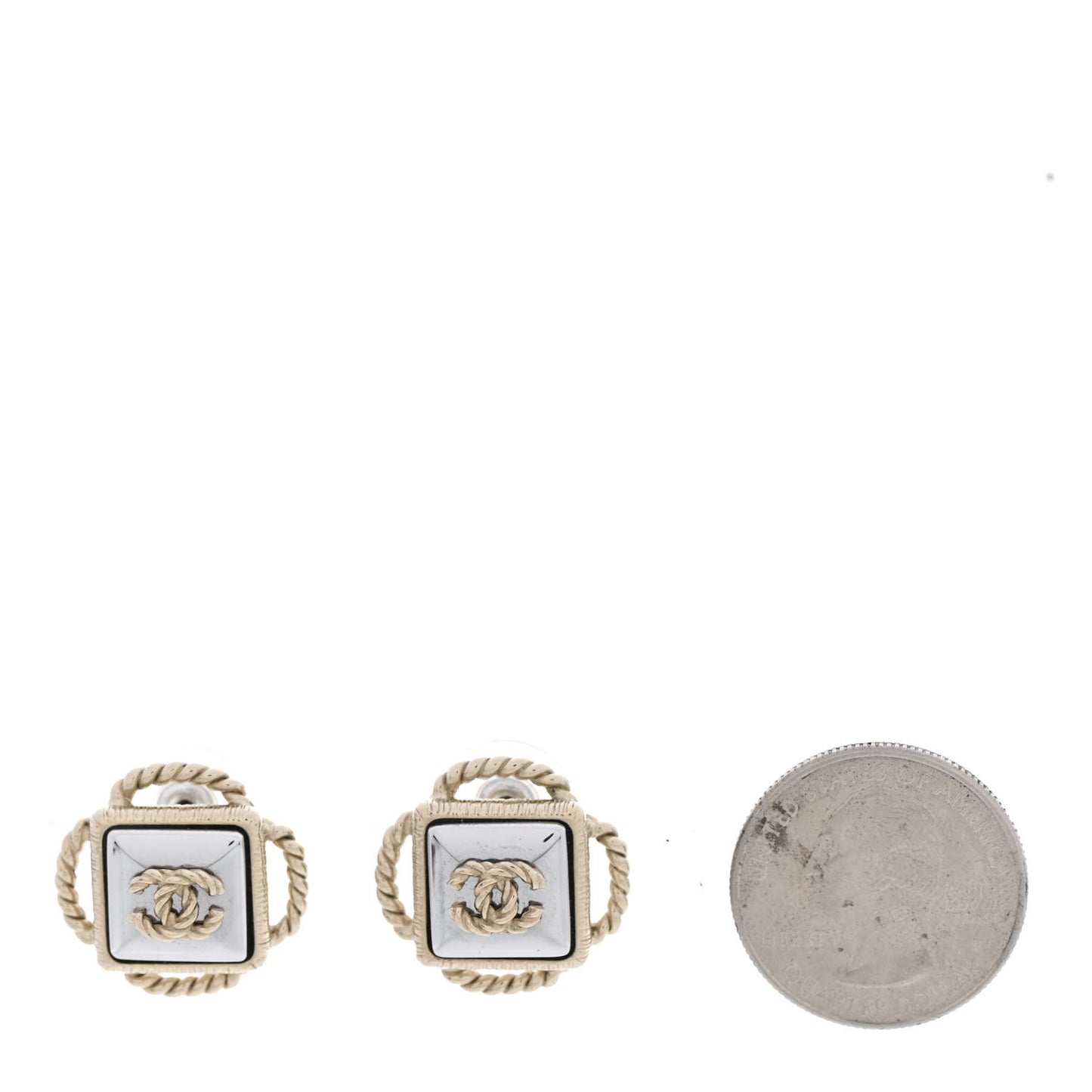 Resin Metal Rope Square CC Earrings White Gold
