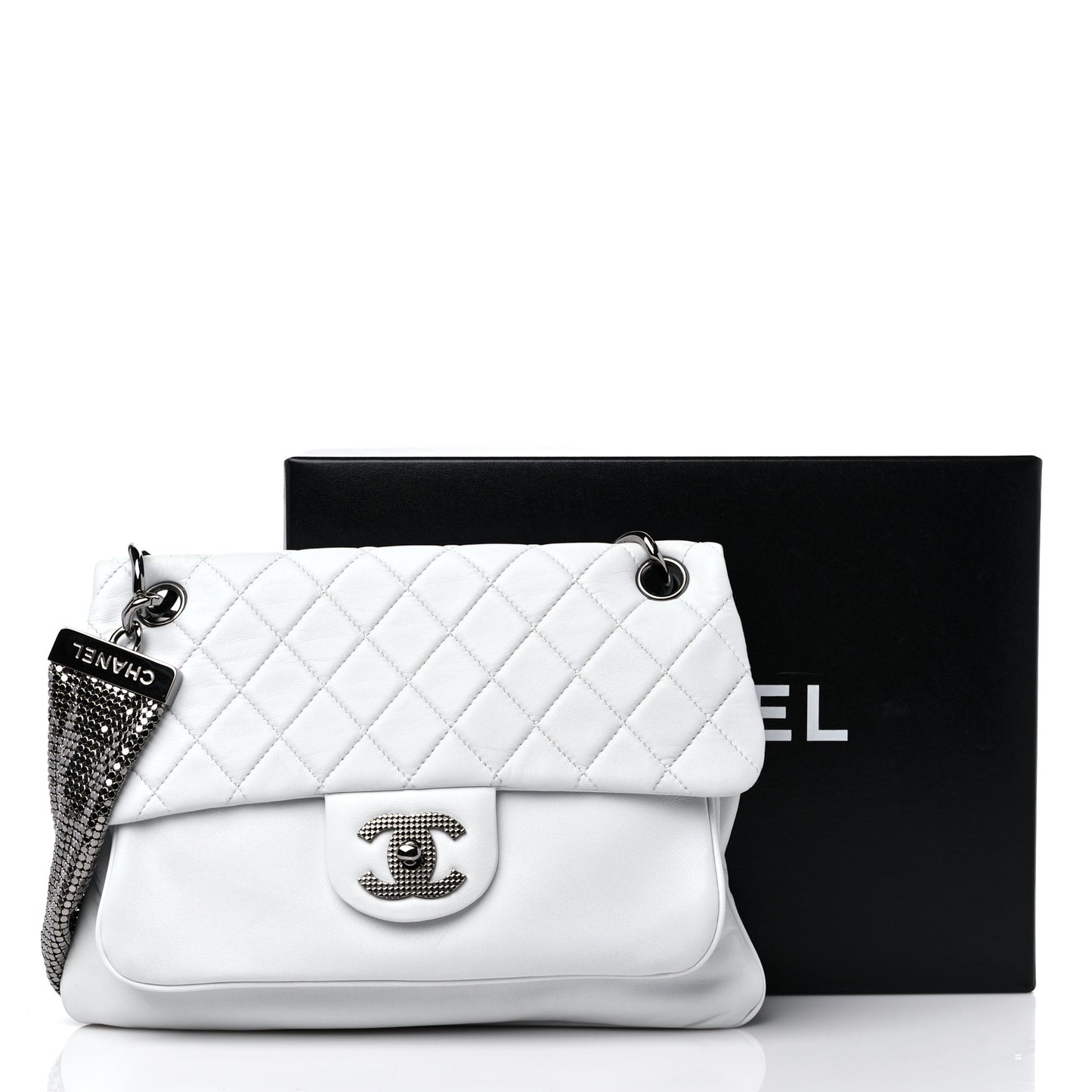 Lambskin Quilted Chain Mail Shoulder Bag White