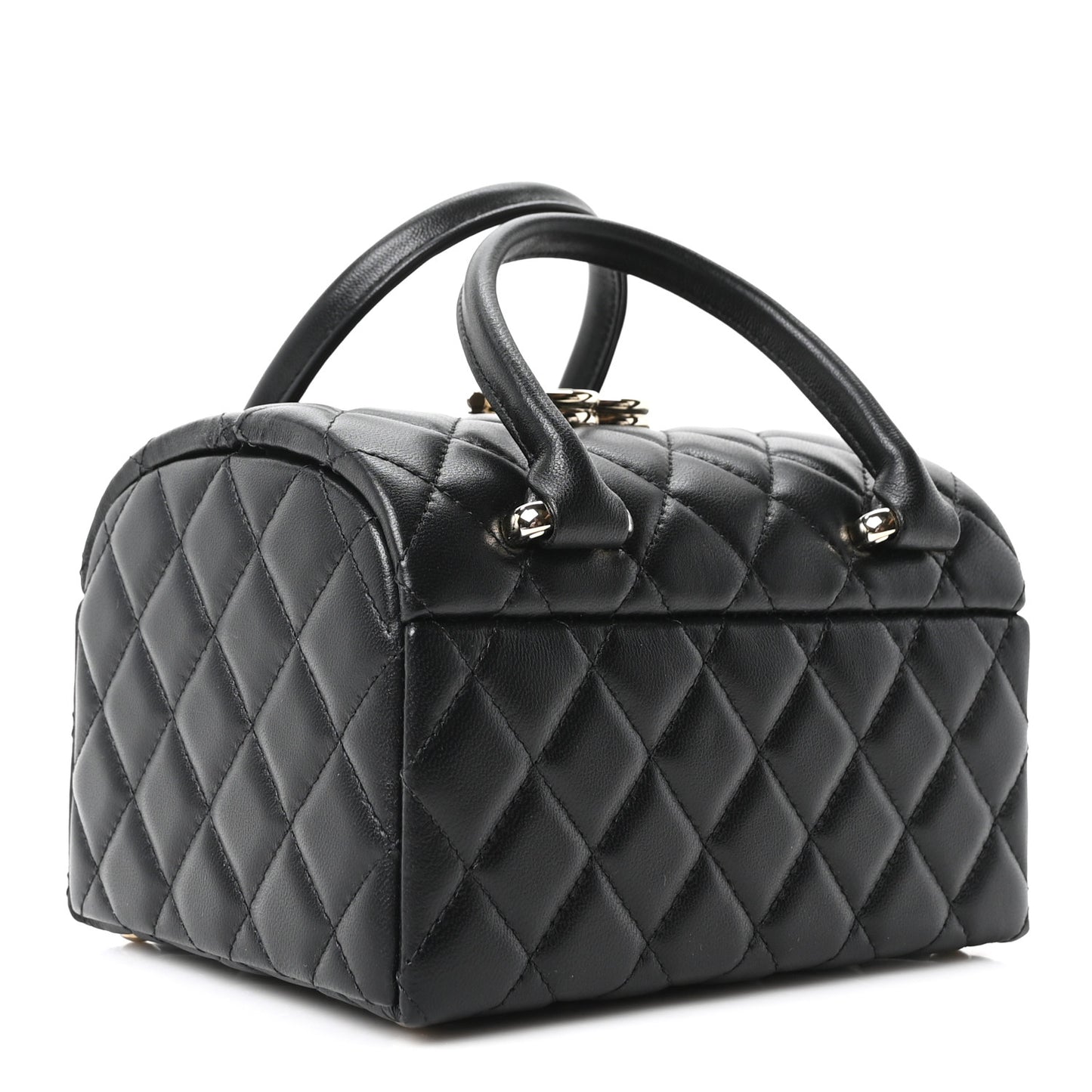 Shiny Lambskin Quilted Top Handle Jewelry Box Bag Black