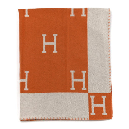 Hermes Wool Cashmere Signature Classic Avalon Blanket Ecru Potiron 1 of 3