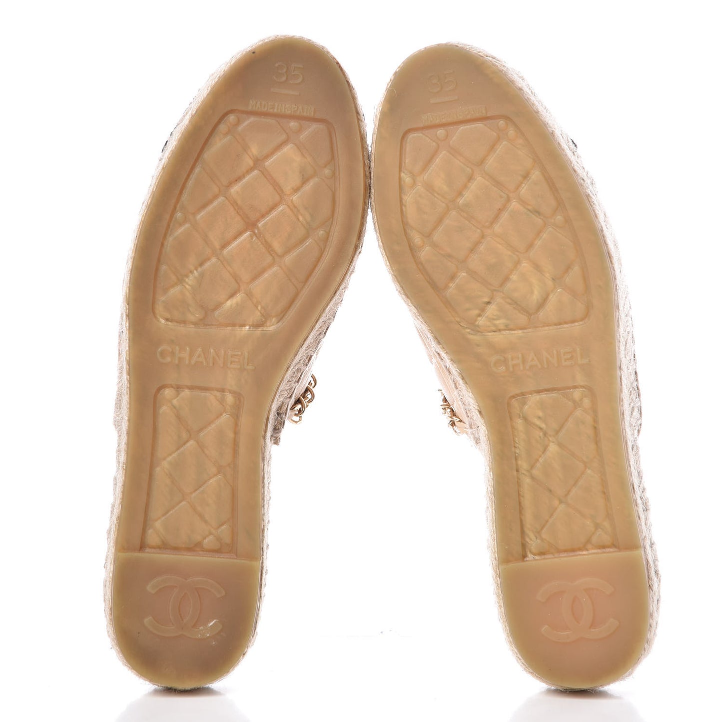 Lambskin Grosgrain Quilted CC Chain Espadrille Mules 35 Beige Black