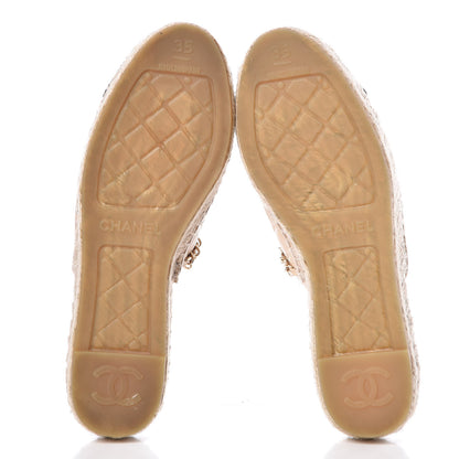 Chanel Lambskin Grosgrain Quilted CC Chain Espadrille Mules 35 Beige Black 5 of 10