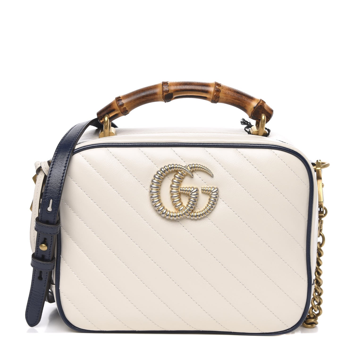Gucci Vintage Effect Calfskin Matelasse Diagonal Small Torchon GG Marmont Bamboo Top Handle Shoulder Bag Mystic White Blue Agata 1 of 11