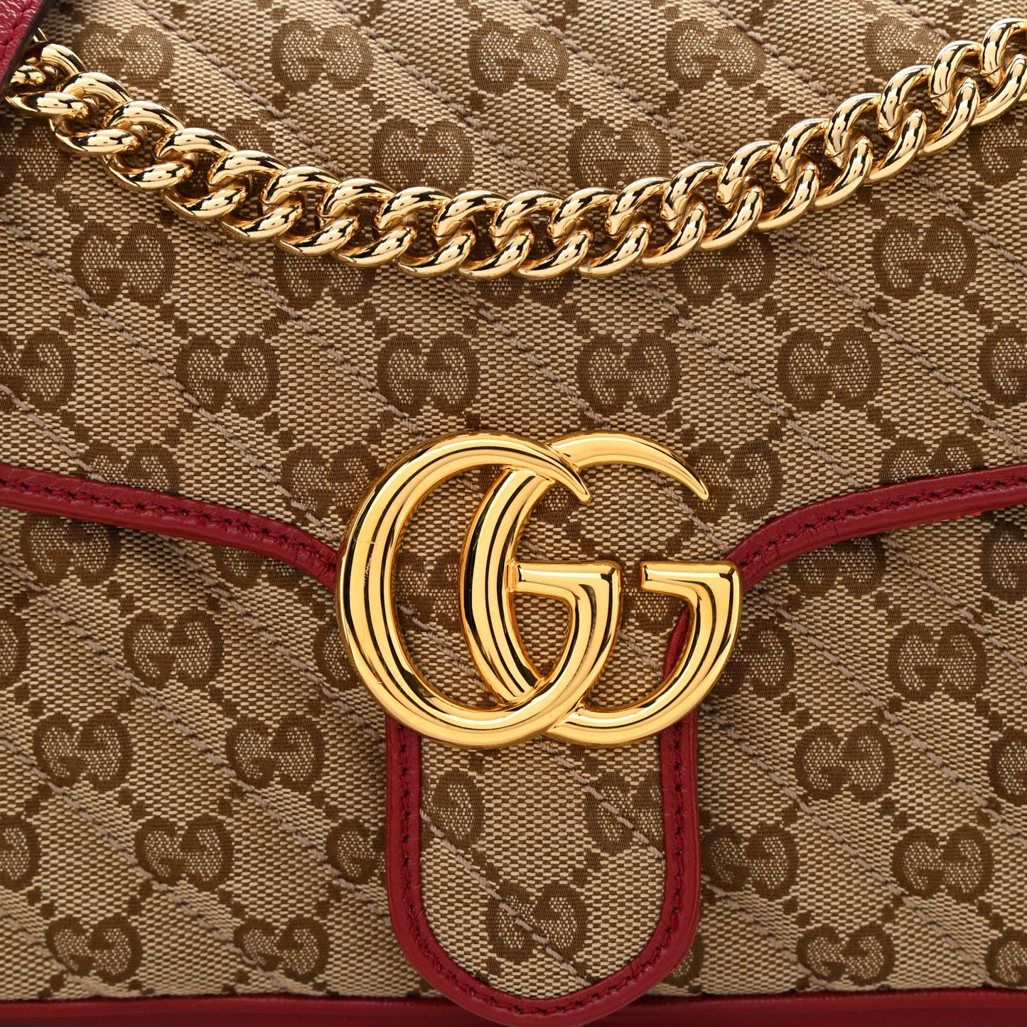Monogram Azalea Calfskin Matelasse Diagonal Small GG Marmont Shoulder Bag Beige Ebony New Cherry Red