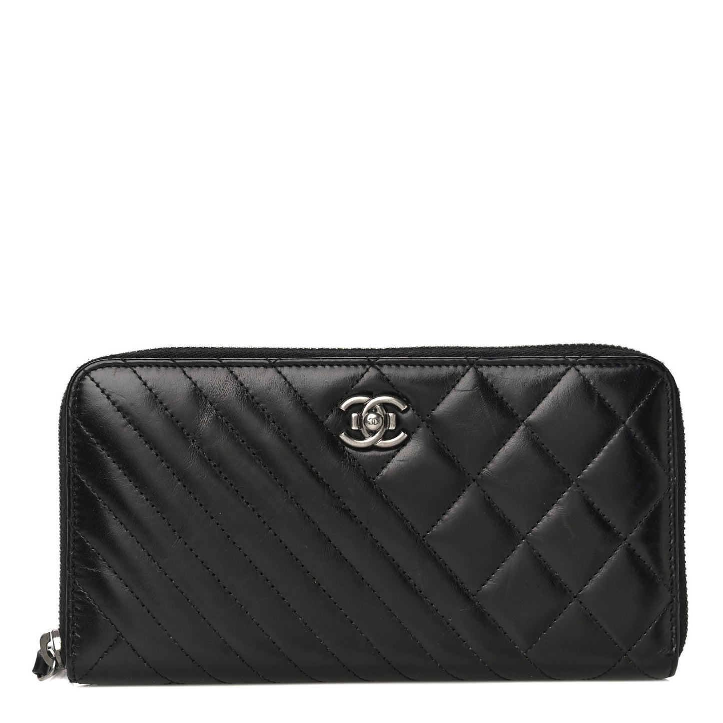 Glazed Calfskin Quilted Small Coco Boy Zip Around Wallet Black