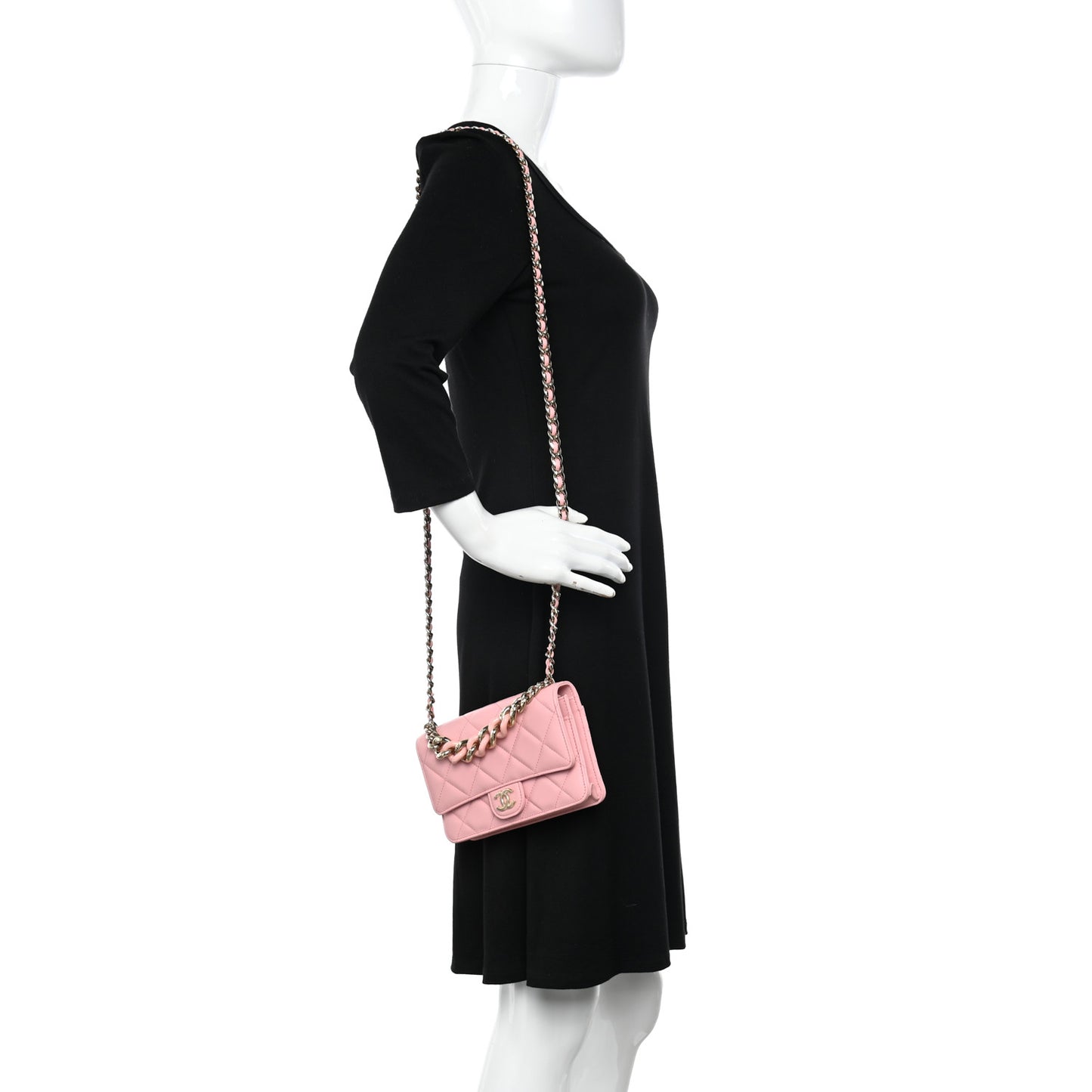 Lambskin Quilted Resin Bi-Color Chain Wallet On Chain WOC Pink