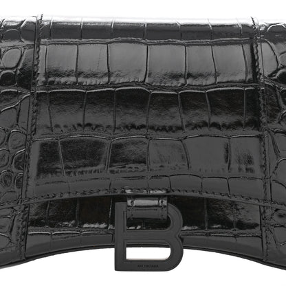 Balenciaga Shiny Calfskin Monochrome Crocodile Embossed Small Hourglass Evening Chain Bag Black 7 of 10