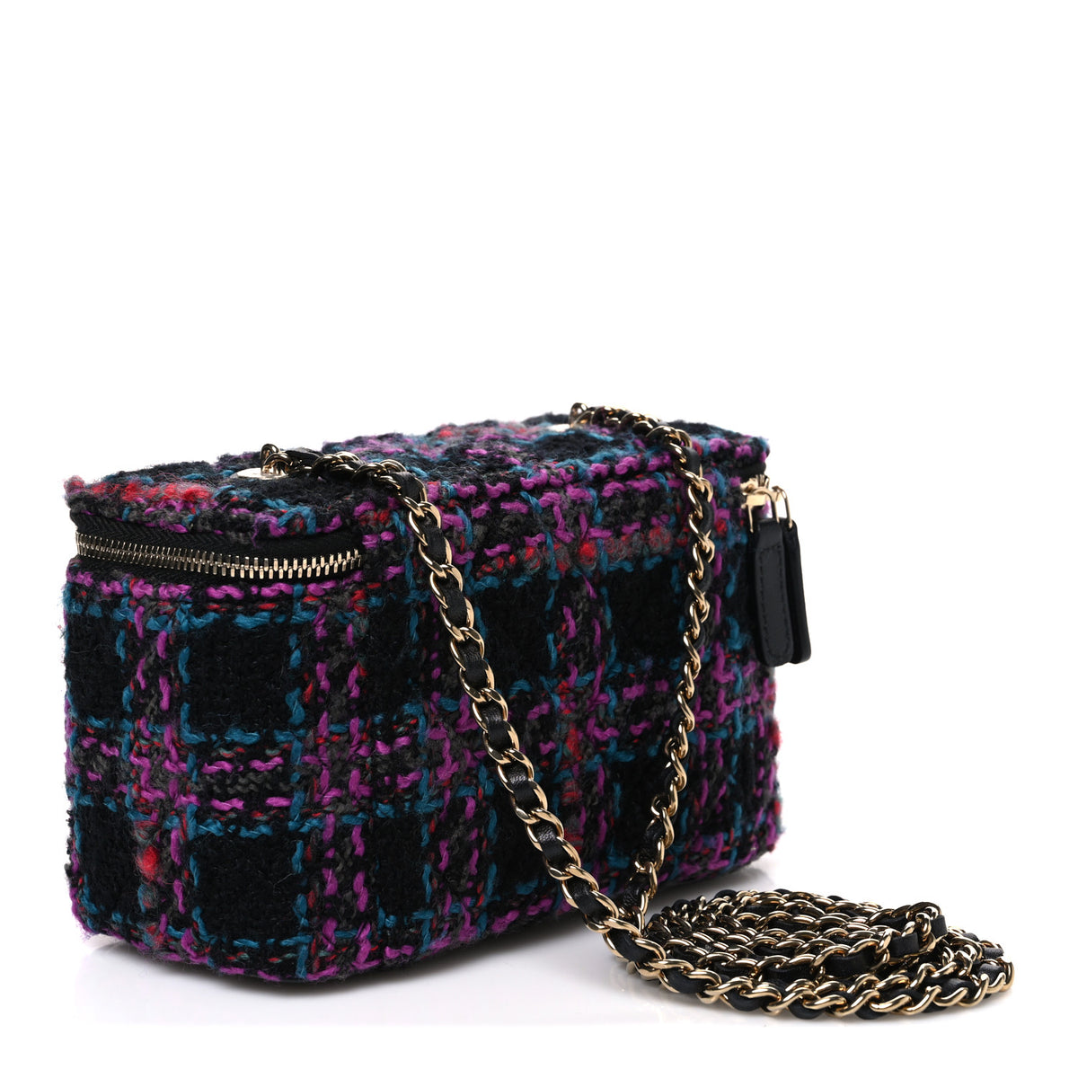 Chanel Tweed Quilted Small Vanity Case With Chain Black Purple Green Red 3 of 10