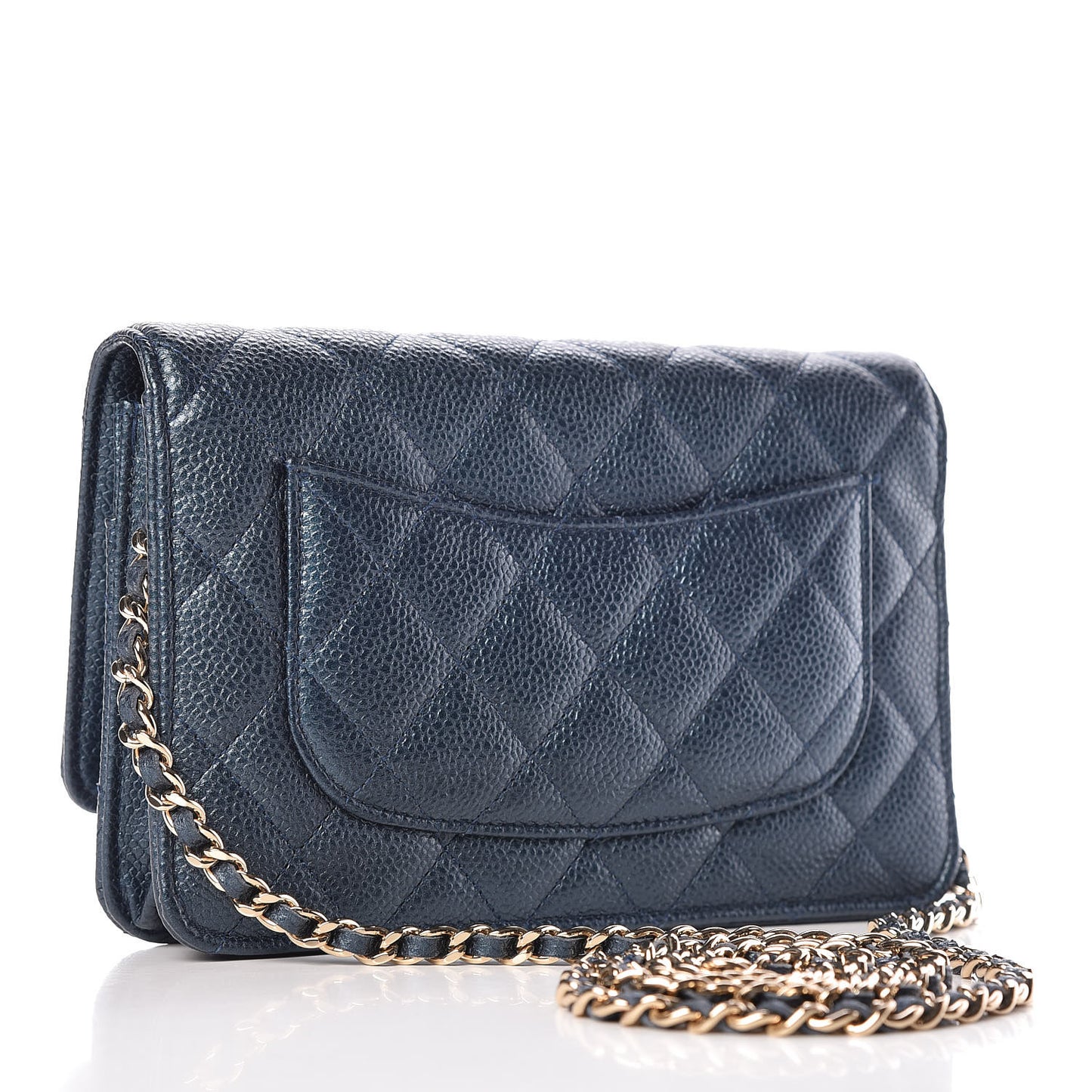 Iridescent Caviar Quilted Wallet On Chain WOC Dark Blue