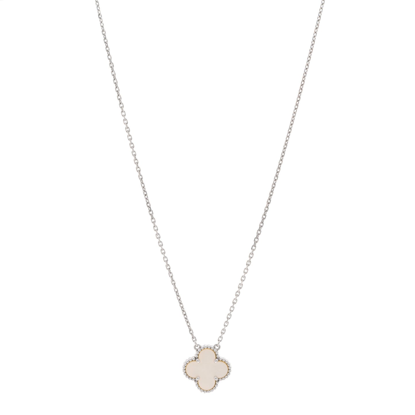 18K White Gold Mother Of Pearl Vintage Alhambra Pendant Necklace