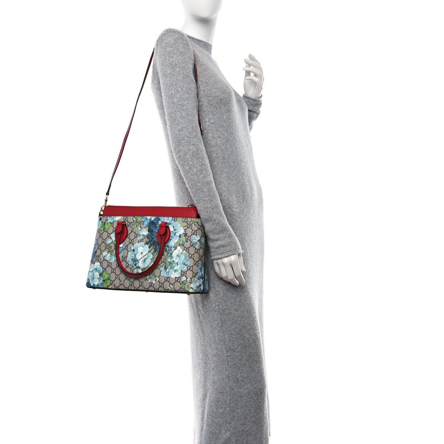 Gucci GG Supreme Monogram Blooms Medium Zip Top Tote Beige Blue Navy Hibiscus Red 3 of 11