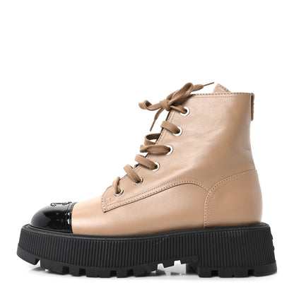 Chanel Calfskin Patent Calfskin CC Lace Up Combat Boots 39 Beige Black 1 of 10