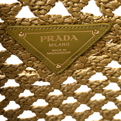 Prada Yarn Raffia Effect Crochet Logo Embroidered Tote Bag Oliva 6 of 9